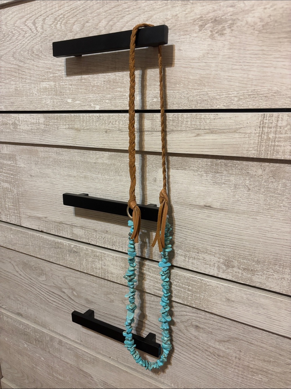 Turquoise Stone Bead Necklace with Tan Braided Cord
